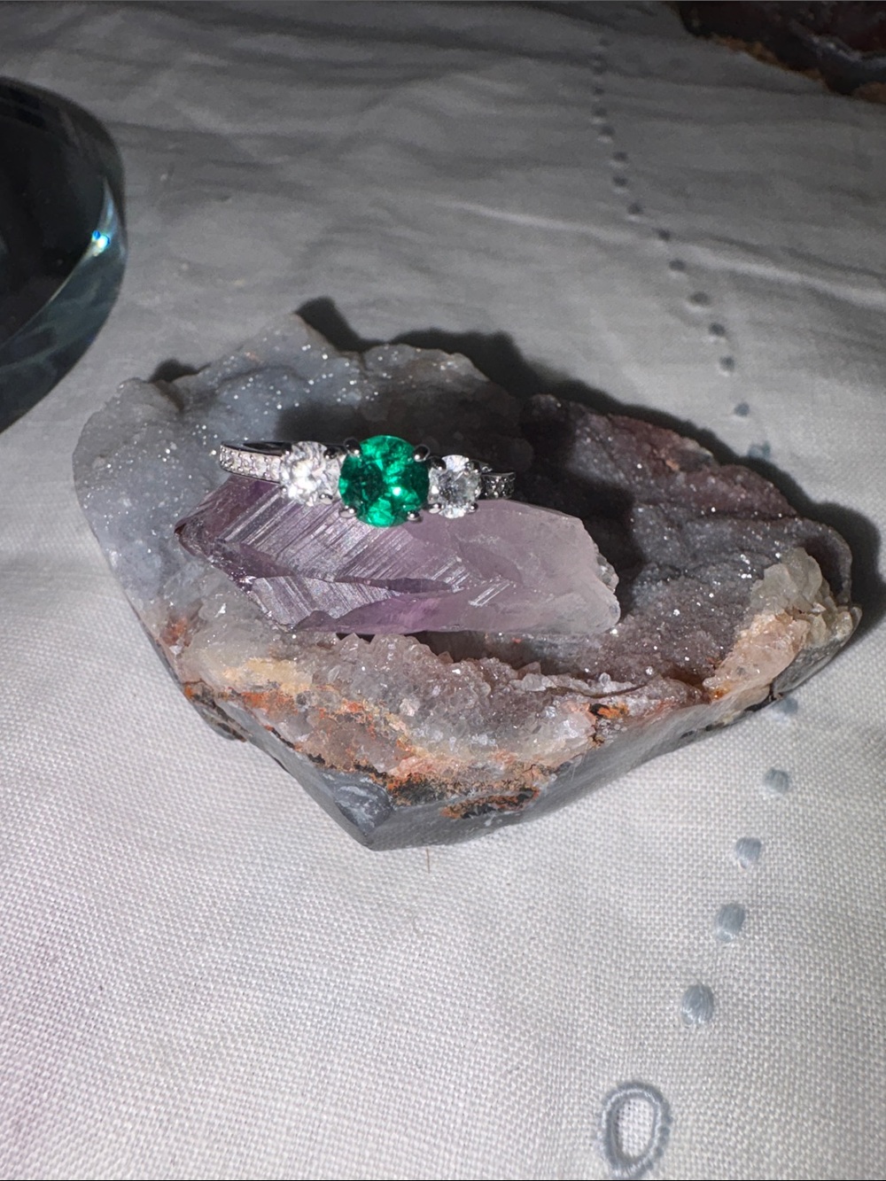 Emerald color Apatite Center Silver Rhodium Two 1/2 carat Diamonds & side pave